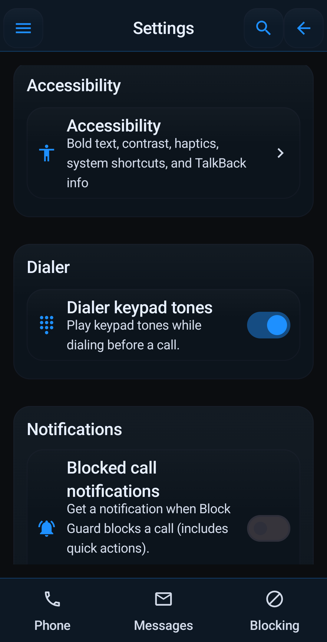 Block Guard settings showing accessibility and notification options